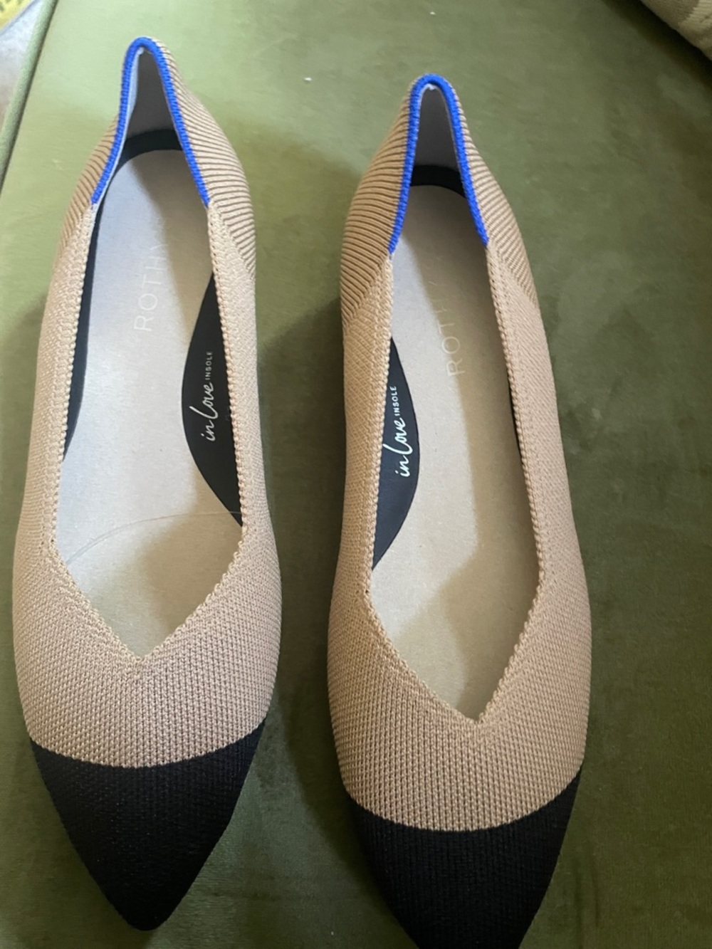 Rothy's Two-Tone Pointed Knit Flats in Tan, Black & Blue Trim
